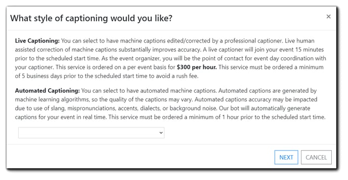 Screenshot: Captioning style dialog box Header "What style of captioning would you like?"