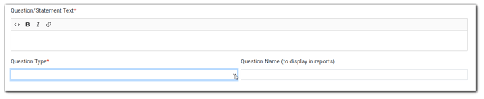 Screenshot: Create question dialog. Question/Statement Text, Question Type, Question Name (to display on reports).