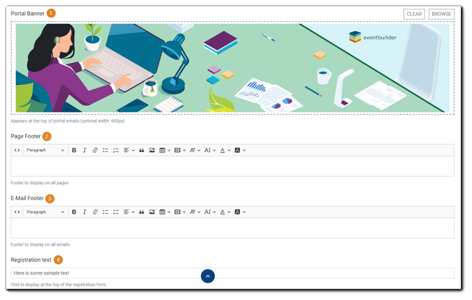 Screenshot: Portal Banner, Disclaimer, Footer, and Registration Text editors.