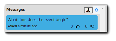 Screenshot: Message sent directly from Pending Messages queue to Attendee Viewing Console. Transcript of messages: "What time does the event begin?"