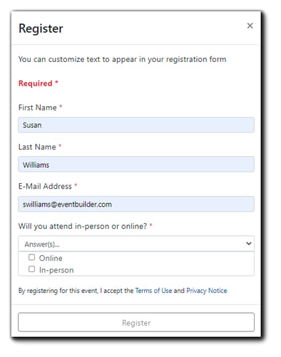 Screenshot: Registration form with the dropdown options for Online or In-person attendance displayed.