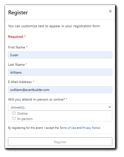 Screenshot: Registration form with the dropdown options for Online or In-person attendance displayed.