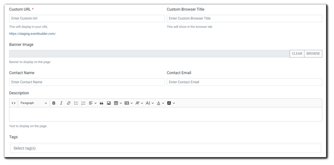Screenshot: Pages Set Up Step Dialog: Custom URL, Custom Browser Title, Banner Image, Contact Name, Contact Email, Description, Tags.