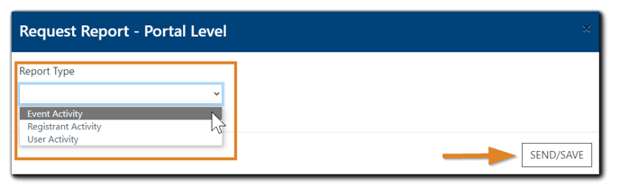 Screenshot: Request Report dialog with Report Type dropdown displayed and highlighted; Send/Save button is highlighted as well.