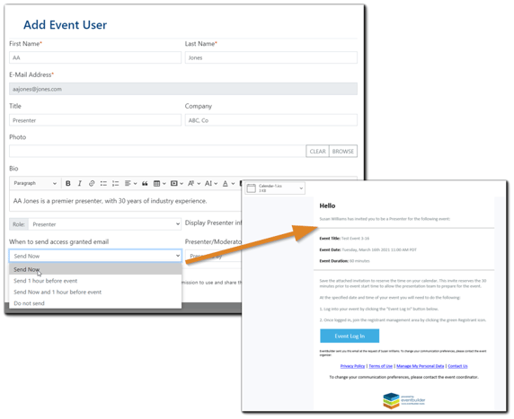 Screenshot: Add Event User dialog with Event Access email attached and highlighted.