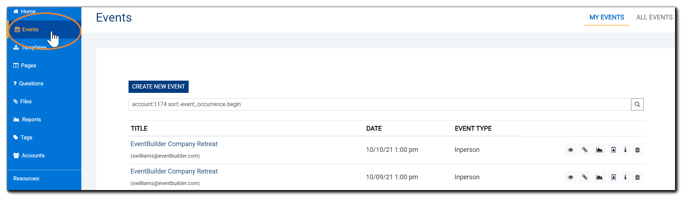 Screenshot: Events view with the left navigation Events option highlighted.