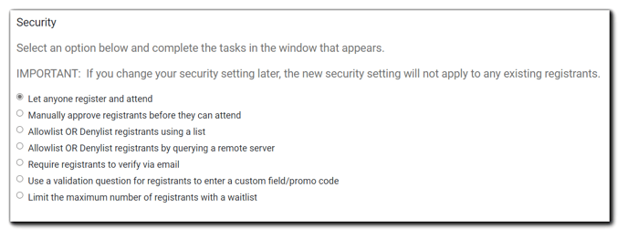 Screenshot: Security Step options.(Described in text)