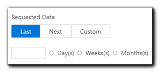 Screenshot: Requested Data options: Last, Next, Custom, open field with radio buttons "Day(s) Week(s) Month(s)."