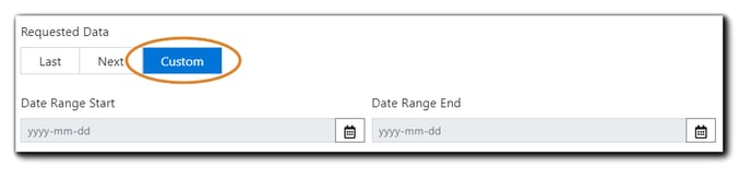 Screenshot: Requested Data dialog with Custom option highlighted. Date Range Start and Date Range End fields are shown.