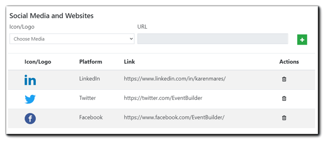Screenshot: Social Media and Websites dialog. Shown: Platform icon, Name of platform, link, and Actions - trash icon.