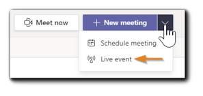 Screenshot: New Meeting dialog in the Teams client, with Live Event highlighted.