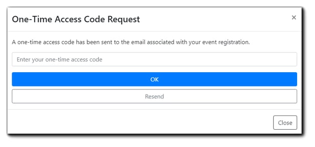 Screenshot: On-Time Access Code Request (2-Factor Authentication) dialog for Attendee access.