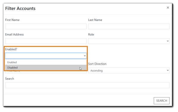 Screenshot: Filter Account dialog window with 'Enabled?' drop down menu highlighted.