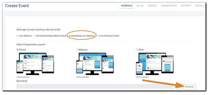 Screenshot: Schedule step with 'Simulated-Live Webinar' selected and highlighted, and recording upload noted.