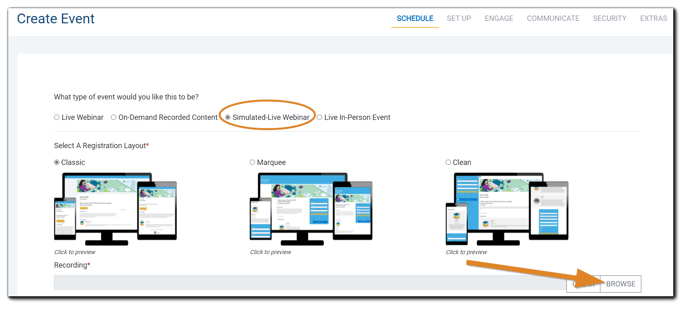 Screenshot: Schedule step with 'Simulated-Live Webinar' selected and highlighted, and recording upload noted.