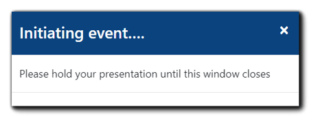 Screenshot: initializing window. Image text: 'Initializing event... Please hold your presentation until this window closes.'