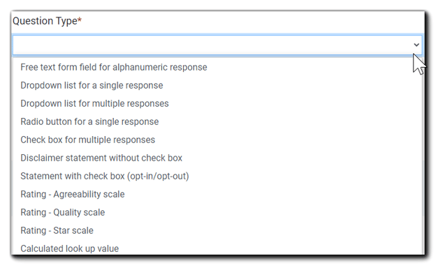 Screenshot: Question Type dropdown menu. 