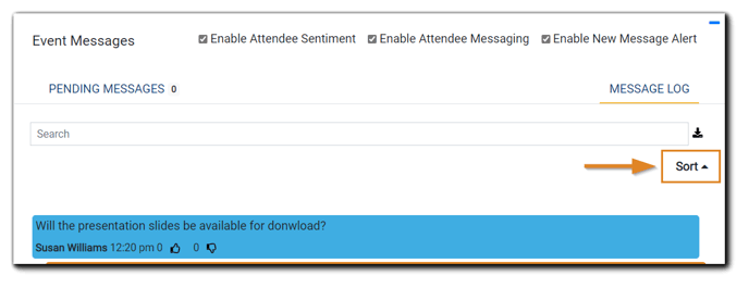 Screenshot: Event Messages widget, with sort option highlighted.