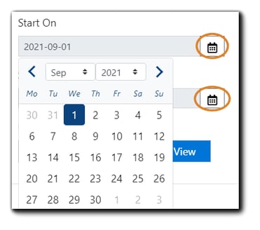 Screenshot: Recurring reports Start On field with date picker shown and calendar icons highlighted.
