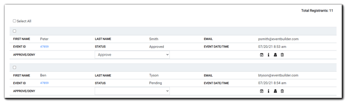 Screenshot: Registrant Management area displaying a list of event registrants and other information.