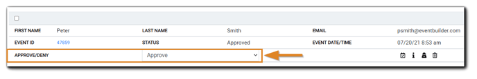 Screenshot: Attendee approve/deny dialog, showing Registrant First Name, Last name, Current Status, Event Date/Time, Event ID, Approve/Deny status, and Approve/Deny dropdown selection menu.