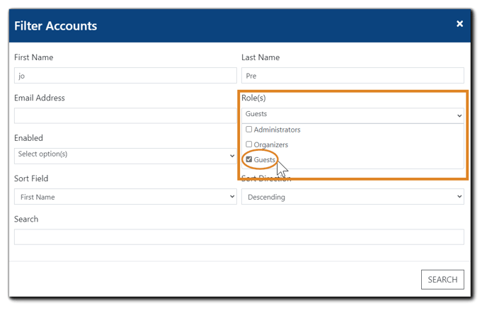 Screenshot: Filter Accounts dialog with the 'Roles' dropdown menu highlighted and the 'Guests' option circled.