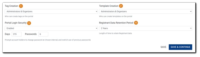Screenshot: Section 3 of Portal Configuration page. Tag Creation, Template Creation, Portal Login Security, Registrant Data Retention Period.