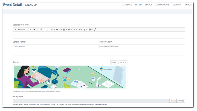 Screenshot: Set up Step screen - Event Detail page. Fields included: Describe your event, Contact Name, Contact Email, Banner, Background.