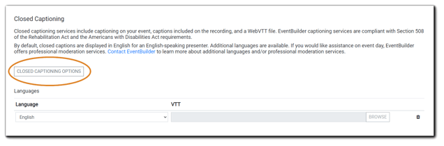 Screenshot: Closed Captioning Order function with 'Closed Captioning Options' button highlighted.