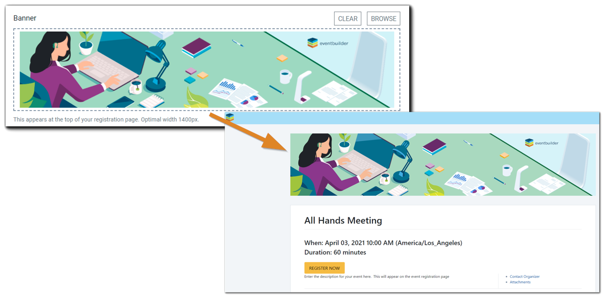 Screenshot: Event banner in event build, and its appearance on a Registration page. Optimal width: 1400 pixels.