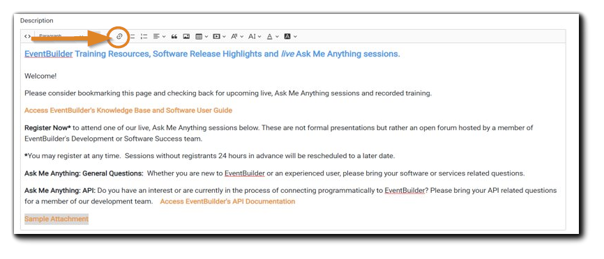 Screenshot: Description text editor with link icon highlighted.