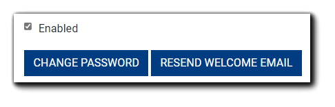 Screenshot: User's 'Enabled' checkbox,' 'Change Password,' and 'Resend Welcome Email' buttons highlighted.