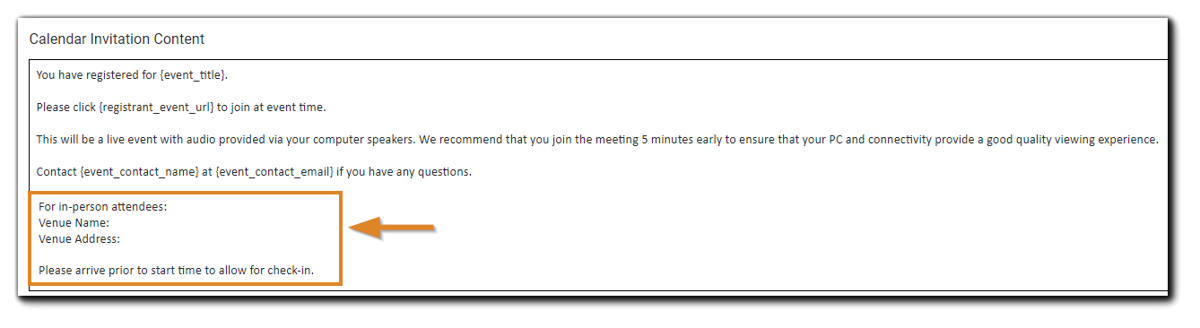 Screenshot: Calendar Invitation Content with in-person attendance information highlighted.