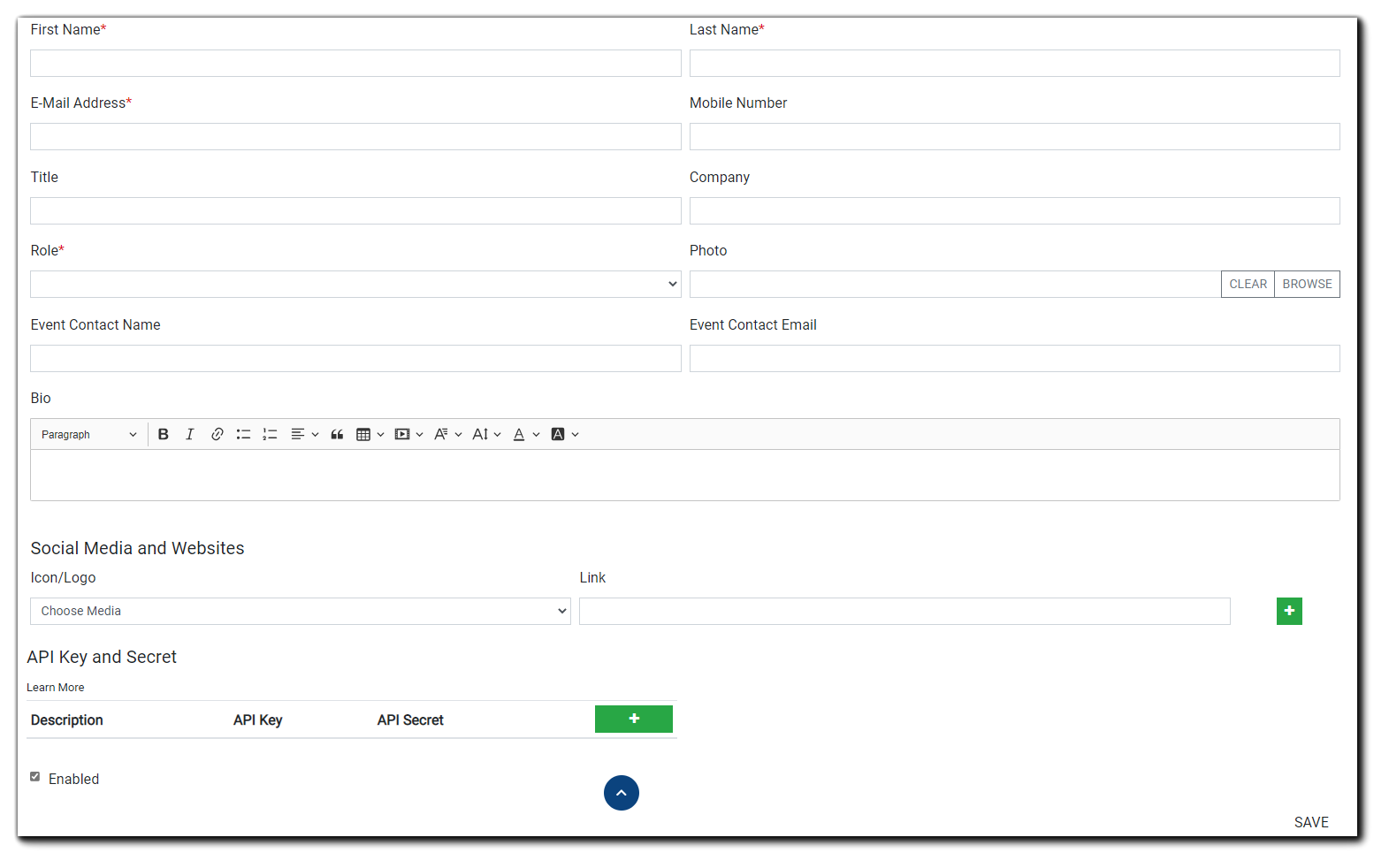 Screenshot: New Account setup fields: First Name, Last Name, Email, Mobile Number, Title, Company, Role, Screenshot: New Account setup fields: First Name, Last Name, Email, Mobile Number, Title, Company, Role, and Photo, Event Contact, Event Contact Email, Bio, Social Media and Websites, API Key and Secret, Enabled checkbox, and Save.