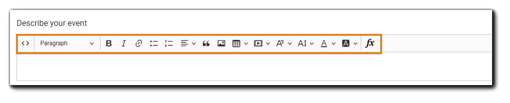 Screenshot: 'Describe your event' text editor box with toolbar highlighted.