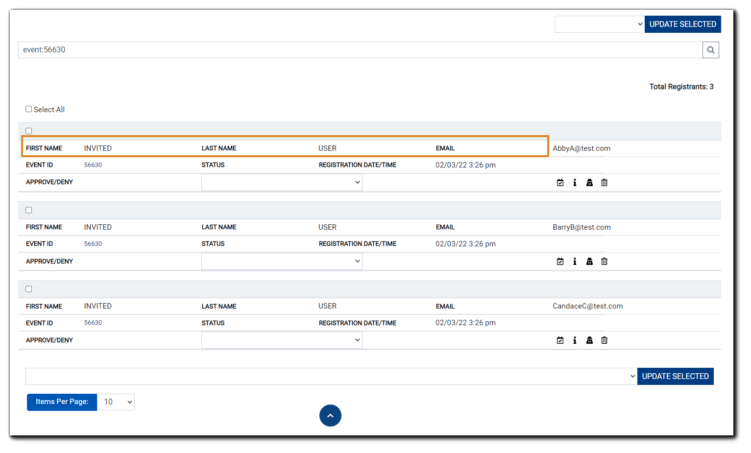 Screenshot: Registrant Management area displaying list: 'Invited User'