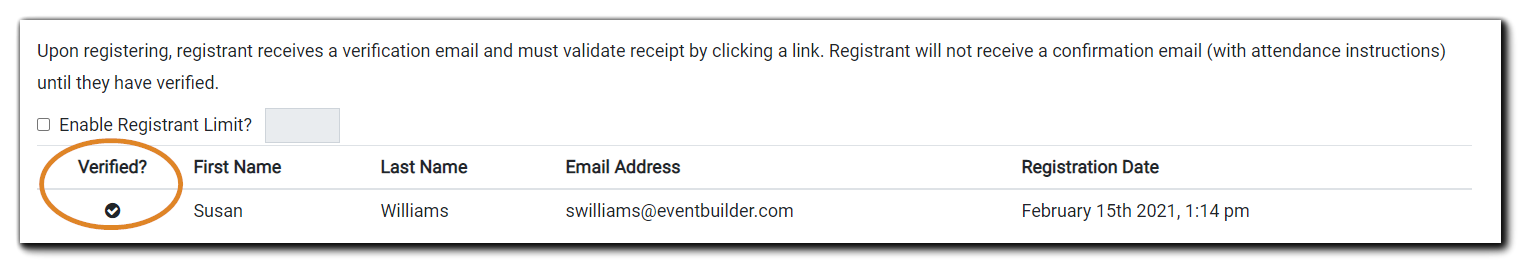 Screenshot: Verified list of Registrants in the 'require registrants to verify via email' security option.