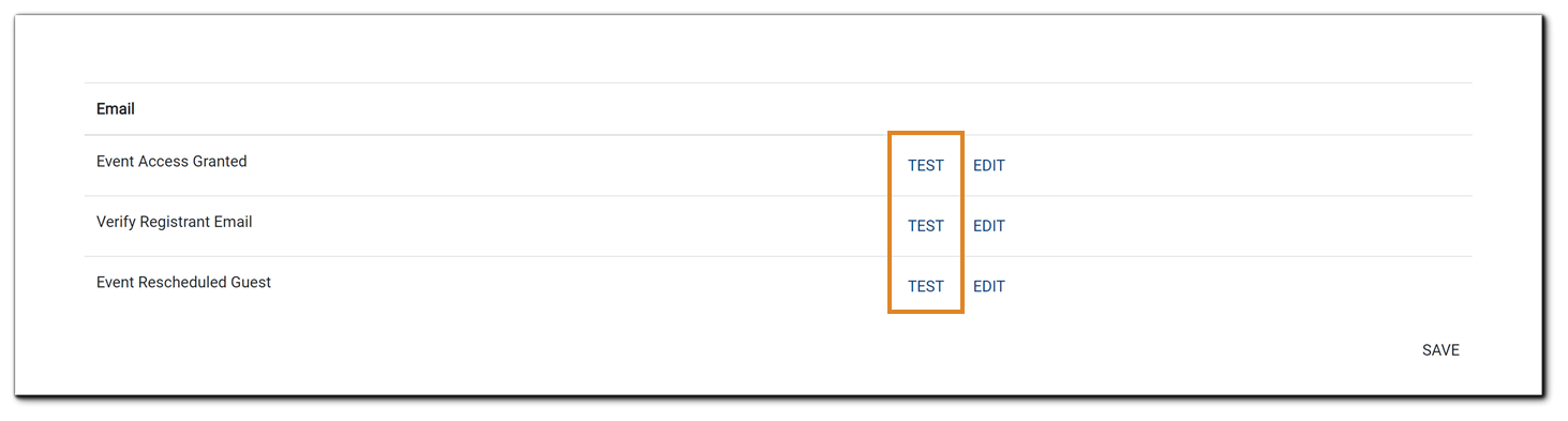 Screenshot: Portal-level email options with 'Test' highlighted.