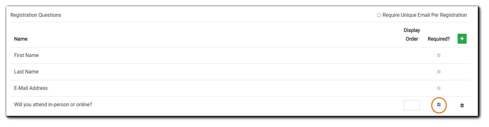 Screenshot: Registration Questions dialog with the 'in-person or online' required question highlighted.