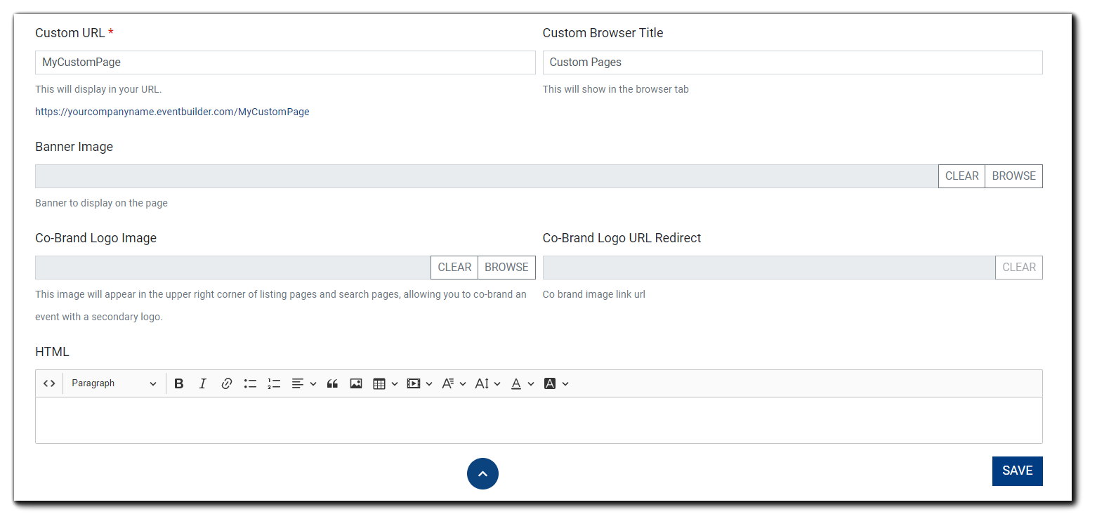 Screenshot: Custom Page setup dialog: Custom URL/Broswer Title, Banner Image, Co-Brand Logo Image, Co-Brand Logo URL Redirect, HTML editor.