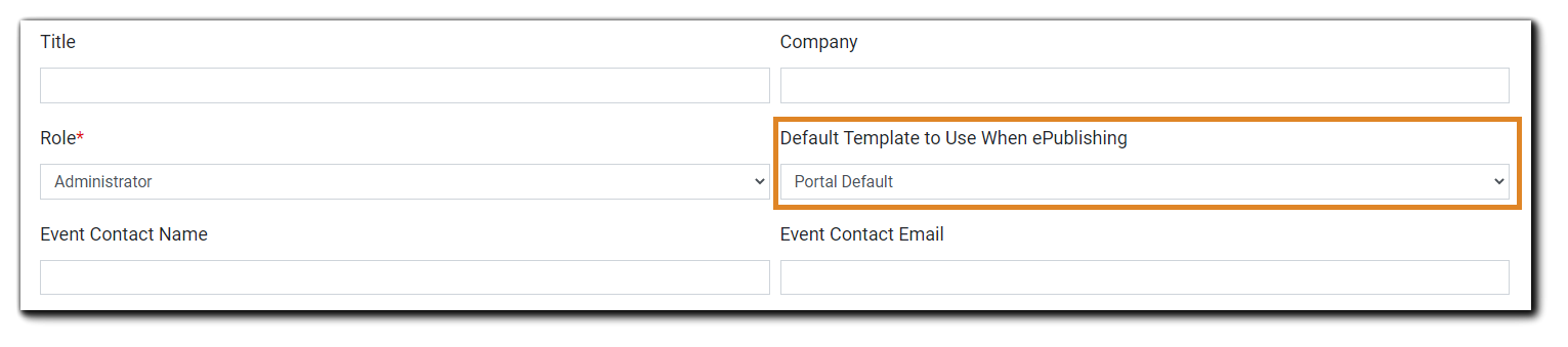 Screenshot: User account settings, default template field highlighted.
