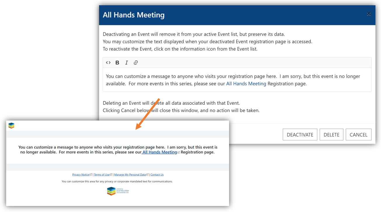 Screenshot: Custom message display on deactivated event registration page.