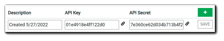 Screenshot: API Key and Secret creation dialog. Fields: Description, API Key, API Secret.