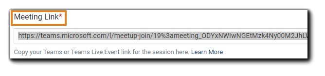 Screenshot: Meeting Link field with a Microsoft Teams link shown. Image text: Copy your Teams or Teams Live Event link for the session here.