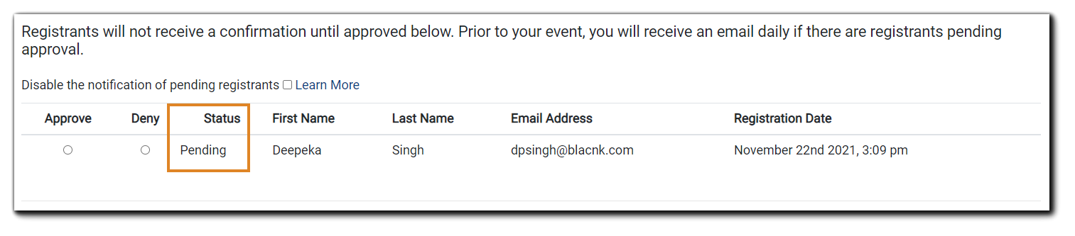 Screenshot: Registrant Approval dialog with a Registrant Pending status highlighted.