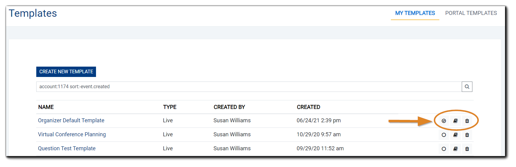 Screenshot: My Templates list with the radio button to set the default Template checked and highlighted.