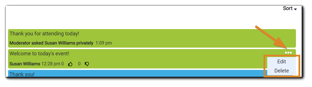 Screenshot: Event Messages with three dots highlighted and the 'edit/delete' popup window displayed.