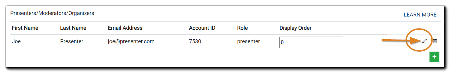 Screenshot: Presenters/Moderators/Organizers section on the Schedule step, h the pencil (edit) icon highlighted.