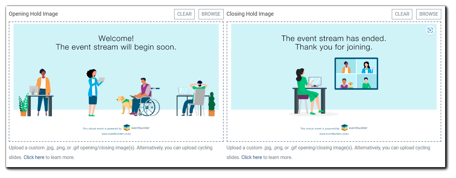 Screenshot: Opening/Closing slide dialog and sample image. Image text: 'Upload a custom .jpg, .png, or .gif opening/closing image(s). Alternatively, you can upload cycling slides. Click here to learn more.'
